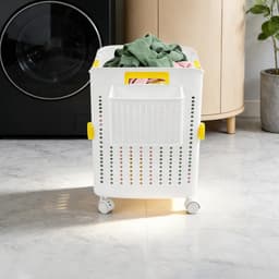 Wasmand met Wielen - Opvouwbare Wasbak - Sorteer Kleding - Afneembare Opbergdoos - 47.5 cm Hoog - Wit — thumbnail 2