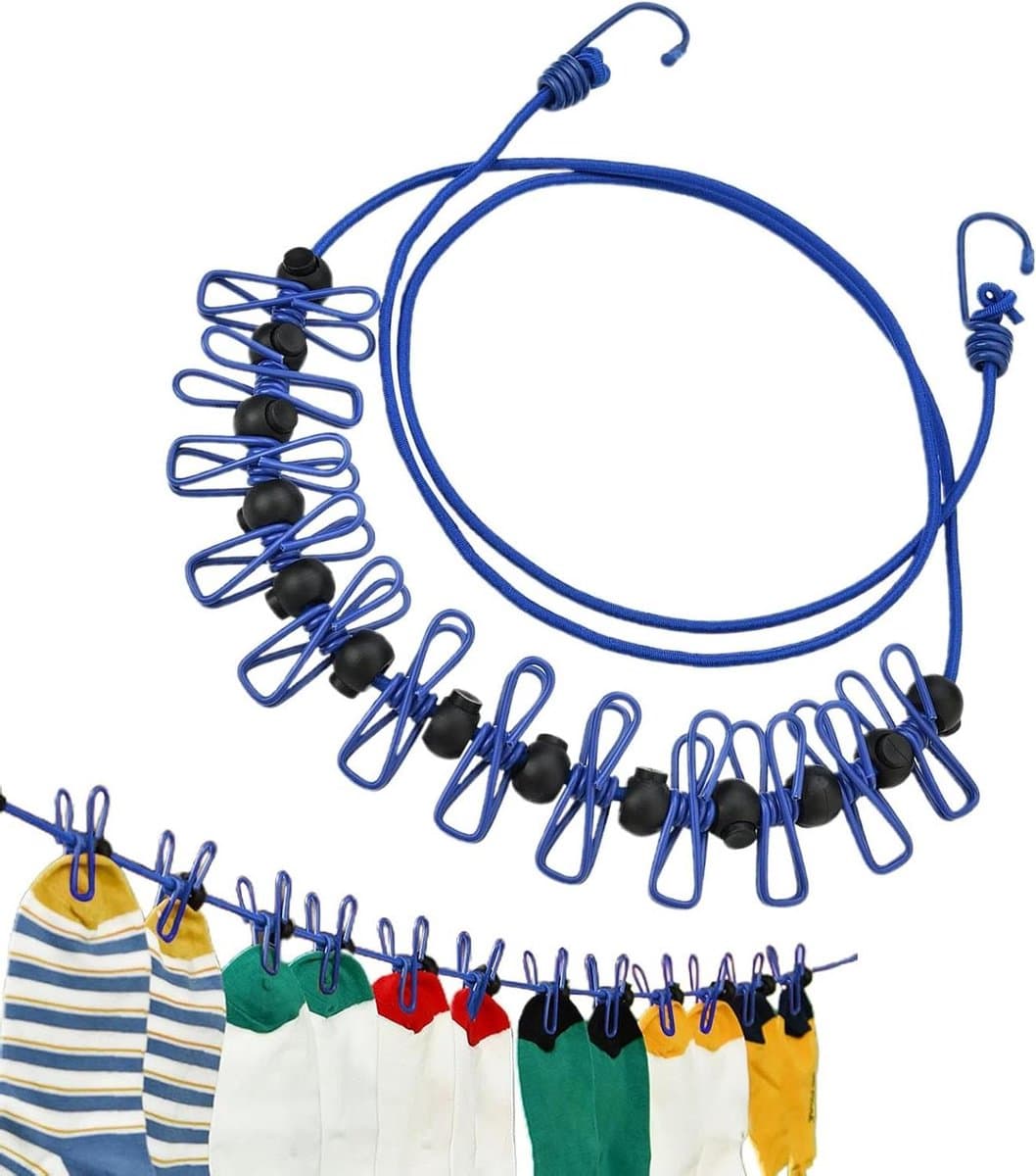 Waslijn met Klemmen - Reis Waslijn Droogrek - Kleding Drogen - Winddicht Antislip Ontwerp - 1.7 Meter - Blauw — afbeelding 1