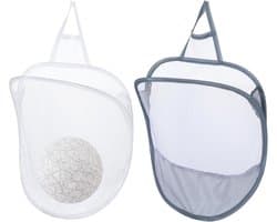 Hangende Vuile Wasmand Set - 2-Delig - Inclusief 2 Ophanghaken - Opvouwbare Wasmand voor aan Wand en Deur - Universele Speelgoedorganizer en Wasmand - Wit en Grijs