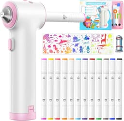 Speed Airbrush Elektrische verfspuitstiften, set van 12 textielmarkers met dubbele punt, 3 sjablonen en 2 sproeikoppen, heldere en rijke kleuren, textielverf om te spuiten, roze — thumbnail 2
