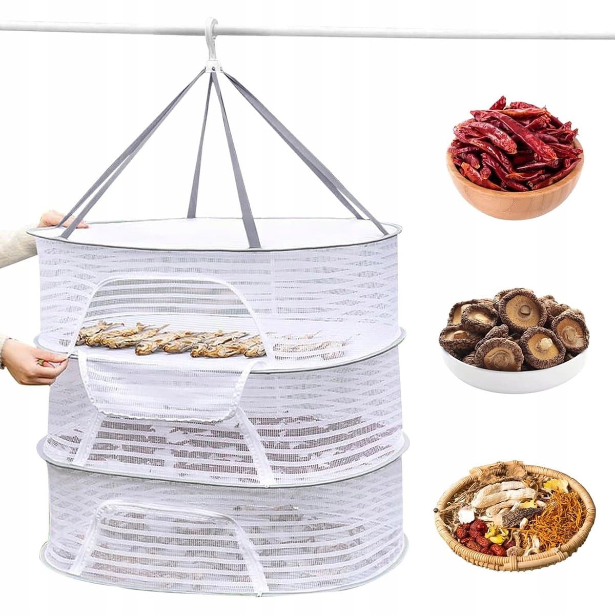 Multifunctioneel Droognet - Hangend Kruiden Droogrek - 3 Lagen - 70x50 cm - Ophangbaar - met Rits - Ruimtebesparend - Voor Kruiden Bloemen en Kleding - Balkon — afbeelding 1