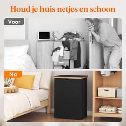 Wasmand met Deksel 160 Liter – Dubbele Wasmand met 2 Vakken – Uitneembare Waszakken – Opvouwbare Wassorteerder met Bamboe Handgrepen – Zwart — thumbnail 4
