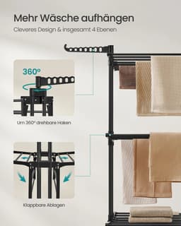 Joorly Wasdroger - Standaarddroger - Vleugelwasdroger - Wasdroogcombinatie - 4 niveaus - 63,5x125,5x173 cm - Zwart — thumbnail 3