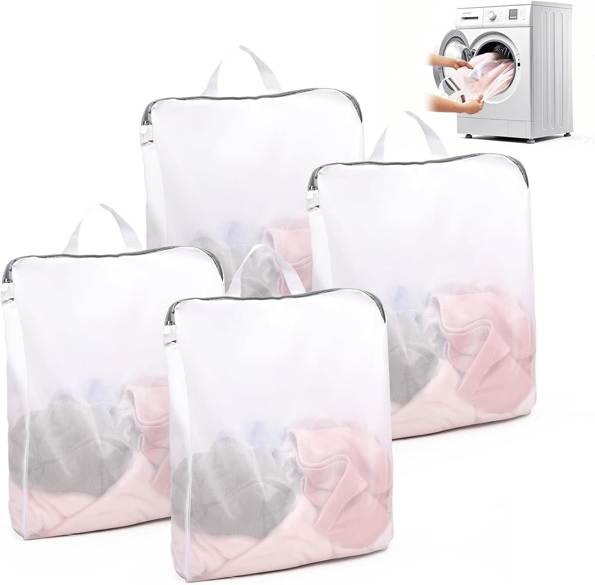 SnelShoppen - 4 Stuks Waszakken met Handvatten 50x60cm, Netwaszak voor Ondergoed, BH's, Sokken en Tights - Reiswaszakken voor Thuis en Op Reis — afbeelding 1