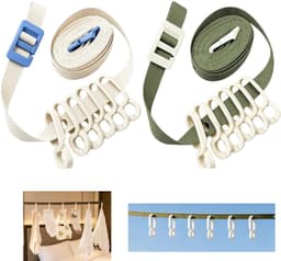 2-delige set - Draagbare waslijnclips - Waslijn - Touw zonder boren - Trekkoord voor waslijn - Reiswaslijn - Beige, groen - 3,5 m - Met 12 clips - Verstelbaar - Geschikt voor kamperen, in de tuin, op cruiseschepen en thuisgebruik — thumbnail 1