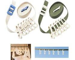 2-delige set - Draagbare waslijnclips - Waslijn - Touw zonder boren - Trekkoord voor waslijn - Reiswaslijn - Beige, groen - 3,5 m - Met 12 clips - Verstelbaar - Geschikt voor kamperen, in de tuin, op cruiseschepen en thuisgebruik