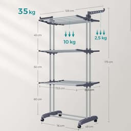 Droogrek 63,5 x 128 x 173 cm grijs 4-laags ontwerp met 4 wielen waarvan 2 vergrendelbaar maximale draagkracht 35 kg inklapbaar ruimtebesparend stabiel en duurzaam geschikt voor balkon wasruimte en gang — thumbnail 3