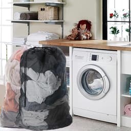 Grote Herbruikbare Waszak van Mesh, 60 x 90 cm, met Verstelbare Trekkoord, Ideaal voor Kleding, Broeken en Hemden in Wit/Zwart — thumbnail 2