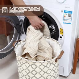 Team rasterpatroon wasmand van canvas-stof, opvouwbare opbergcontainer met PU-lederen handgrepen en koordsluiting, 45 x 35 cm, waterdichte binnenlaag, grijs — thumbnail 2