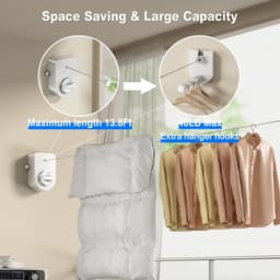 Wanddroger Intrekbare Waslijn Voor Binnen En Buiten, Uitschuifbaar Zware Roestvrijstalen Lijn, Wandmontage Niet-doorhangend, Waslijn Voor Badkamer, Balkon Waslijn met ophangstang -4.2m (Wit) — thumbnail 5