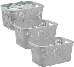 Plasticforte Wasmand - 3x - 35 liter - rotan - licht grijs - kunststof - 53 x 36 x 26 cm - draagmand - met handvatten - lichtgewicht — thumbnail 1
