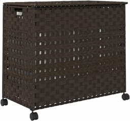 Wasmand met wieltjes - Rotan mand - Was sorteren - Handgeweven 3 vakken - 66x35x60 cm - Donkerbruin — thumbnail 3