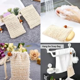 3 stuks - Badkamer zeeptas - Natuurlijke zeepzak - Schuimnet van katoen en linnen - Schuimnetzak voor badhanddoeken - Handgemaakte zeeptas - Badkamer zeeptas met trekkoord - Met kralen - 9 cm x 14 cm - Beige — thumbnail 4