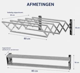 BSS® Wanddroogrek Inklapbaar 80 cm – RVS Wanddroger voor Kleding – Ruimtebesparend Droogrek voor Wasgoed, Handdoeken en Kleding – Voor Binnen en Buiten — thumbnail 3