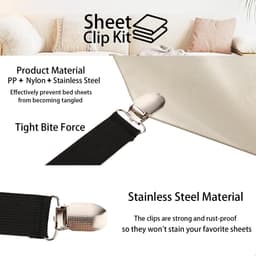 Dailygoods - Bedlakenhouders, set van 8 stuks, verstelbare bedbevestigingen, zwart, 24 stuks, dekbedovertrek, clips, wit, elastisch, voor laken, matras, strijkplank, bank — thumbnail 5