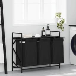 Wasmand – Laundry Basket – Wasbak – Wasbox – Laundry Hamper – 3 Compartiments – Zwart Eikenhout – Stalen Frame – Met Opbergrek — thumbnail 3