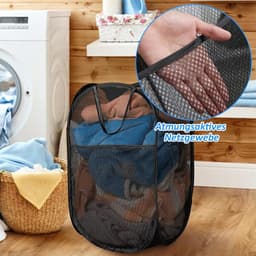 Opvouwbare Wasmand – Grote Waszak met Handgrepen – Ademend Wasnet – Lichtgewicht Wasmand – Zwart — thumbnail 2