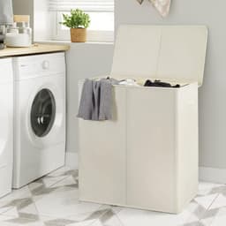 KIRA® Wasmand - Wasmand 2 Vakken - Wasmand Met Deksel - Wit - 63cm x 37cm x 69cm — thumbnail 3