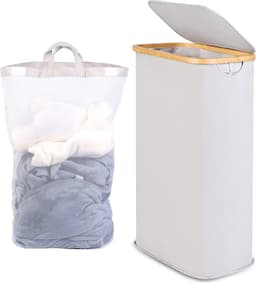 Wasmand met deksel 63L - Compacte lichtgrijze wasmand voor kleding en wasgoed — thumbnail 1