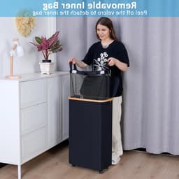Vouwbare Wasmand met Deksel en Wielen, 75 L Capaciteit, Inclusief Afneembare Tas en Bamboe Handvatten, Ideaal voor Strijken en Opbergen — thumbnail 2
