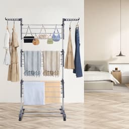 Dailygoods Opvouwbaar droogrek met wielen, roestvrijstalen droogrek met grote capaciteit, drielaagse opvouwbare vleugels — thumbnail 4