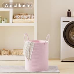 Wasmand, opbergmand, gevlochten mand, 72 l, grote ronde wasverzamelaar met katoenen handvat voor kinderkamer, mand voor dekens en speelgoed voor woonkamer of wasruimte, roze — thumbnail 4