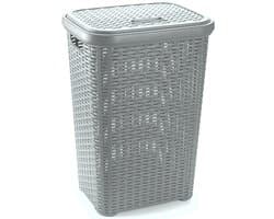 PlasticForte Wasmand met deksel - 60 liter - lichtgrijs - rotan - kunststof - L35 x B43 x H62 cm