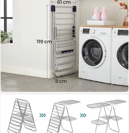 Droogrek - Wasrek - kledingrek van roestvrij staal, wasdroger met in hoogte verstelbare vleugels, vleugel kledingrek met 2 niveaus, voor sokken, bedlinnen, kleding, opvouwbaar, balkon, stal, blauw — thumbnail 2