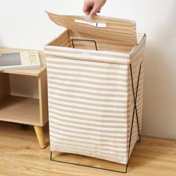 Gestreepte Katoenen Wasmand met IJzeren Frame en Deksel - Inklapbare Wasmand - 36 cm x 28 cm x 59 cm — thumbnail 5