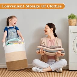 Large Laundry Basket, Foldable Laundry Basket, Storage Basket Organiser with Handle, Cotton Rope Laundry Hamper for Bathroom, Living Room, Bedroom, Cream White + Light Yellow — thumbnail 3