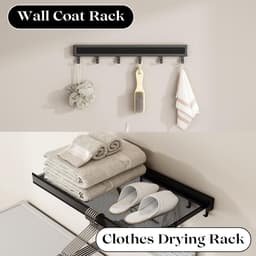 Aan de muur bevestigde kledingdroogrek, opvouwbaar wasdroogrek, 44cm brede aluminium opvouwbare hangende garderobe met 6 handdoekhaken - Zwart — thumbnail 3