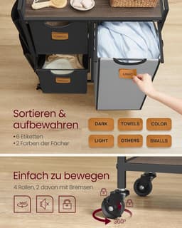 FurnStar Wasmand 3 Vakken – Wasverzamelaar met Rollen en Plank – 100L – Wassorteerder met 6 Etiketten – Kleine Zijzakken – 68,6 x 33 x 80,5 cm – Kastanjebruin, Inktzwart, Duifgrijs — thumbnail 3