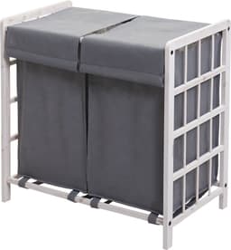Wasbak MCW-B60, Wasbox wasmand, massief hout 2 vakken 60x60x33cm 68l ~ shabby white, grijs deksel — thumbnail 2