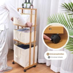 Bamboe Wasmand met Wieltjes en 4 Verdiepingen - Wassen Sorteerder - Badkamerrek met 3 Opbergmanden - Wasverzamelaar - Waswagen - Wascontainer - 121x34x42cm - 50kg belastbaar - Natuur Wasmand 3.0 — thumbnail 4