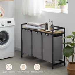 Wasmand 3 vakken voor 120 liter wasmand met opbergruimte en uittrekbare zakken, wassorteerder voor wasruimte, slaapkamer, badkamer, slaapzaal, grijs — thumbnail 3