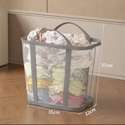 Opvouwbare ademende wasmand - waszak van gaas - wasmand voor het sorteren van kleding - waszak van gaas met handvat - opvouwbare wasmand - opvouwbare wasmand voor wandmontage - geschikt voor badkamer - studentenkamers - reizen - grijs — thumbnail 5