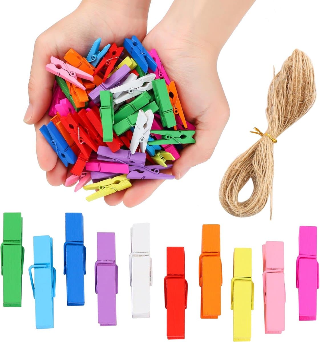 100 Houten Mini Wasknijpers met Jute Touw voor Foto's en Knutselen in Kleur — afbeelding 1
