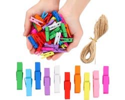 100 Houten Mini Wasknijpers met Jute Touw voor Foto's en Knutselen in Kleur
