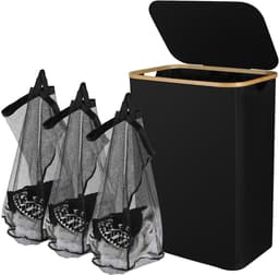 Slanke wasmand met deksel, 160 l, uitneembare voering van gaas, Oxford-stof, opvouwbaar, 57 x 37 x 75 cm, grijs — thumbnail 1