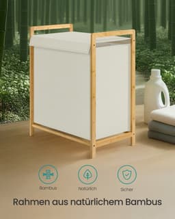 Wasmand – Bamboe frame – 2 compartimenten – Afneembaar deksel – 100 L – Crèmewit – 65 x 40 x 78 cm — thumbnail 4