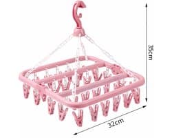 Sokkendroogrek 32 Knijpers – Droogcarrousel voor Sokken, BH’s & Ondergoed – Compact Wasrek – Windbestendig – Roze