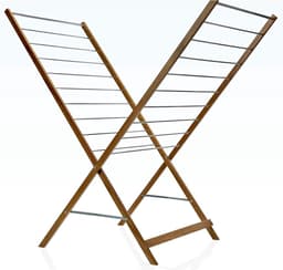 X-vormig droogrek - Opvouwbaar rek - Was drogen - Massief hout ontwerp - 10 meter drooglijn - Hout en grijs — thumbnail 1