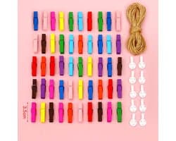 50 Houten Wasknijpers Mini Inclusief 10m Jute Touw - Decoratieve Houten Klemmetjes voor Foto's en Knutselprojecten