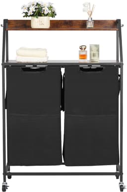 2-Laags Wasmand, met Metalen Frame en Houten Top, Rollende Mand met Dubbele Compartimenten en Ladderplanken voor Het Sorteren van Kleding — thumbnail 2