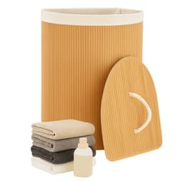 Lomera Bamboe Wasmand - Hoekmodel Wasmand - 72 Liter Capaciteit - Opvouwbare Wasmand - Naturel Kleur - Met Deksel - Waszak Inbegrepen - Verstevigde Metalen Ring - Uitneembare Zak - Wasbare Binnenzak - Driehoekig Ontwerp — thumbnail 1