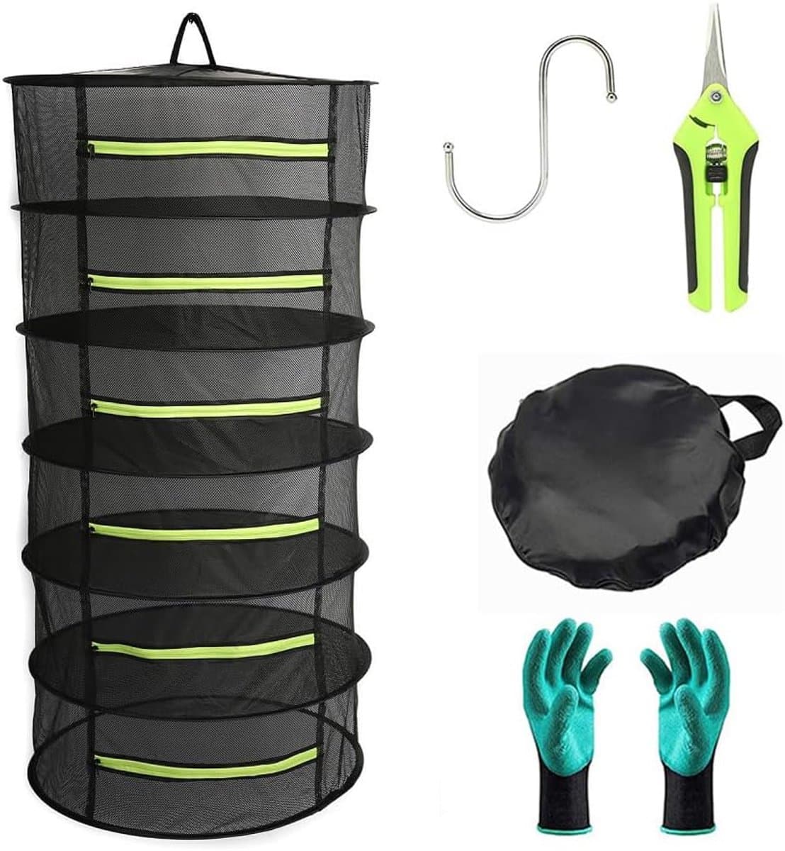 Hangend kruiden droogrek 2ft - Plantendrogernet met inklapbare gaasbakken (6 lagen) - Zwart droogcarrousel — afbeelding 1