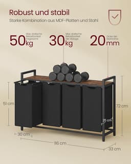 Furnstar Wasmand - Wasverzamelaar met plank - Wasbox - Afneembare waszak van Oxford stof - 4 vakken - Metalen frame - 160L - 116 x 33 x 72 cm - Inktzwart Vintabruin — thumbnail 5