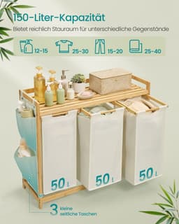 Wasmand 3 Vakken 3 x 50 L 94 x 33 x 78 cm Crèmewit – Grote Opberger — thumbnail 3