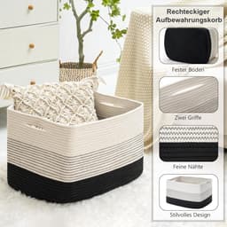 Gevlochten Wasmand van Katoen - Handgemaakt met Handvatten - Voor Was, Speelgoed en Opbergen - Wit & Bruin 55x43x30,5cm — thumbnail 3