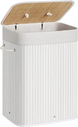 Bamboe Wasmand - 72 liter - 60 cm hoog - Met Uitneembare Katoenen Waszak - wit — thumbnail 1